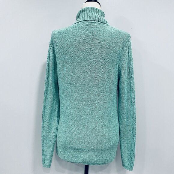 SUNDANCE L Turquoise Toasty Tweed Rib Knit Turtleneck Sweater Soft Cozy Winter - Picture 5 of 16